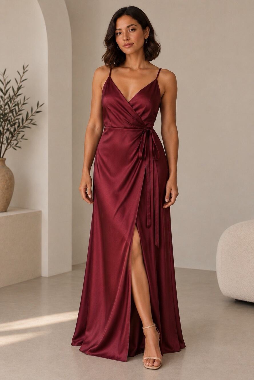Birdy Grey M Burgundy Satin Maxi Dress Bridesmaid Wedding Prom Wrap Tie Waist